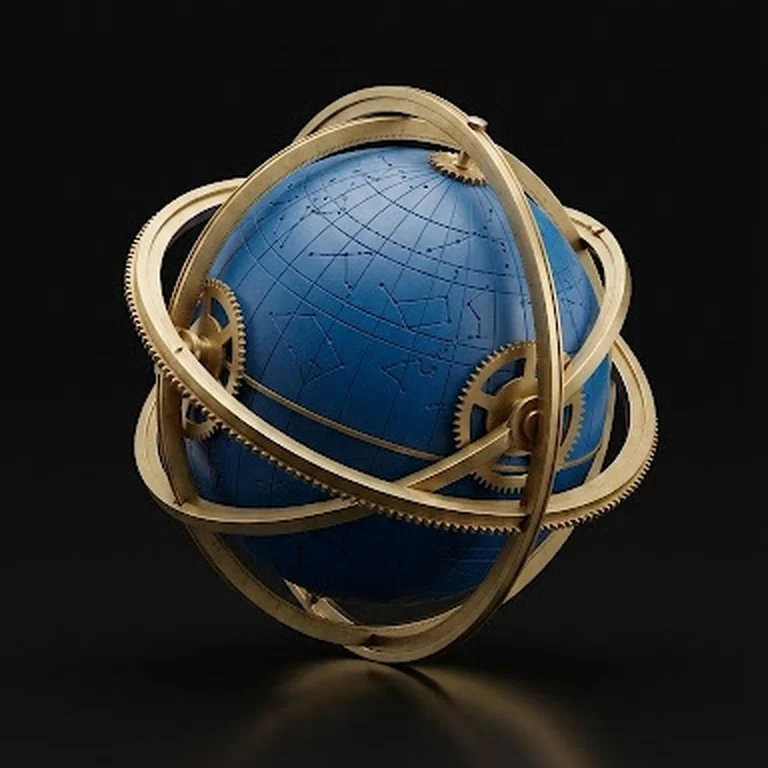 An intricate mechanical armillary sphere with warm brass gears surrounding a textured blue globe on a dark background, symbolizing precision engineering and scalable digital architecture.
