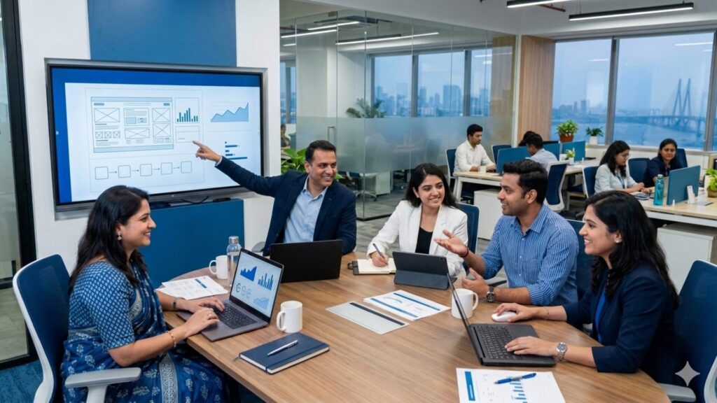 Devasaa B2B marketing and technology team collaborating around a digital dashboard in a modern conference room.